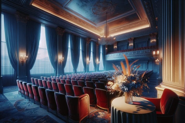 An empty ornate conference stage with wilting flowers and red velvet seats, lit by cold blue light from tall windows.