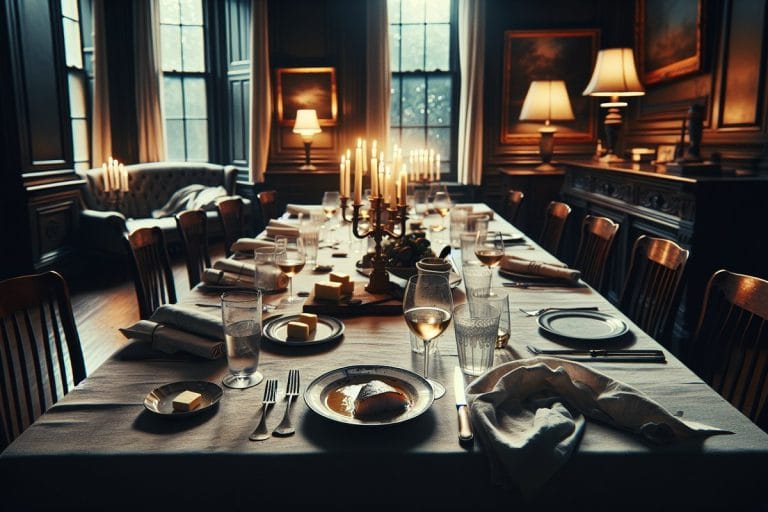 A candlelit Georgetown dinner table mid-meal with a half-eaten plate of halibut, wine glasses, and empty chairs pushed back.