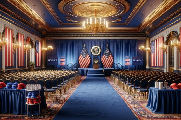An empty conference ballroom stage set for a political keynote, with flags, a lectern, and rows of folding chairs under theatrical lighting.