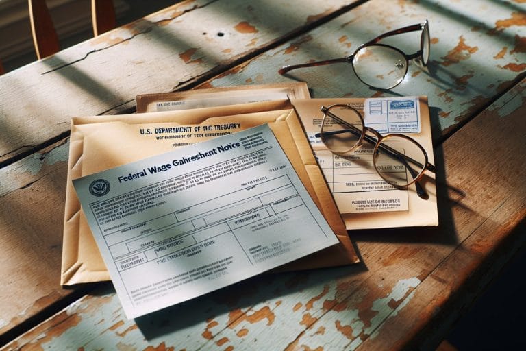 A federal wage garnishment notice and paystub lying on a kitchen table beside reading glasses and an unopened Treasury envelope.