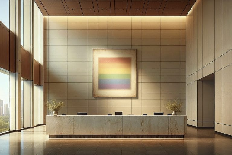 A corporate lobby wall with a faintly visible rectangular outline where a Pride banner had previously hung, now replaced by a small neutral painting.