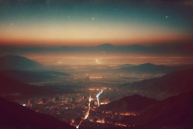 Aerial view of Tehran at twilight with city lights spreading across the valley and a thin column of smoke on the distant horizon.