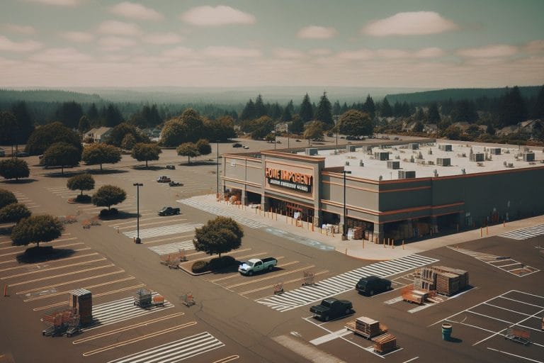 A crowded suburban home-improvement store parking lot on a bright summer morning, full of pickup trucks and shoppers loading cars.