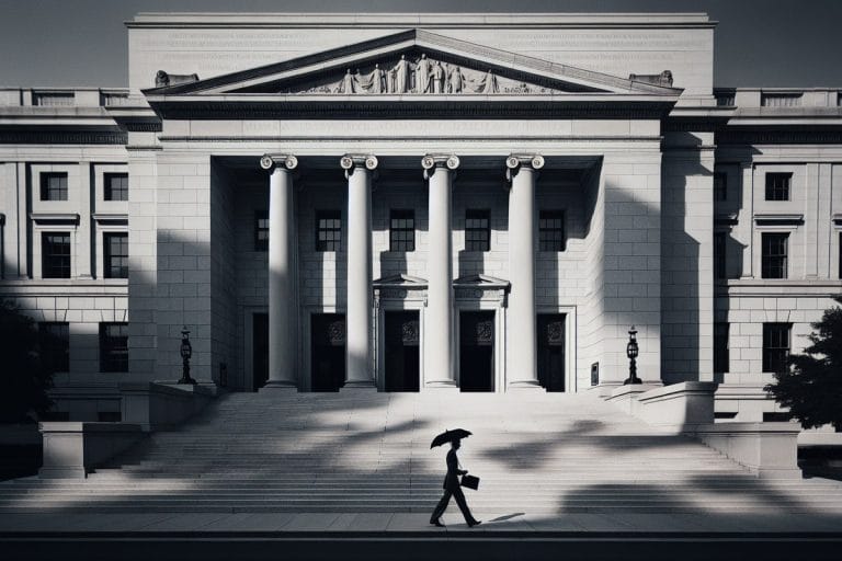 The marble facade of the U.S. Supreme Court building in late afternoon light, with a lone figure crossing the plaza carrying a folder.