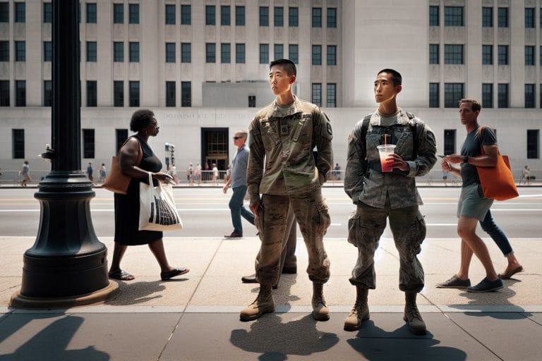 National Guard soldiers standing on a Washington DC sidewalk in midday summer light as pedestrians walk past without looking up.