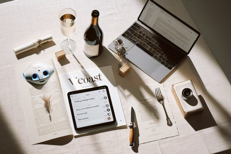 A printed toast on cream cardstock beside a laptop showing a chatbot conversation, on a white linen dinner table.