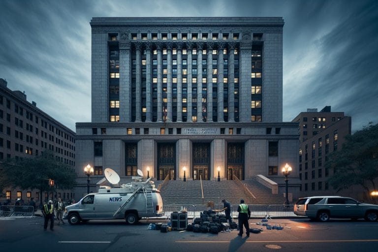 A federal courthouse exterior at dusk with press barricades being removed and a single satellite truck packing up at the curb.