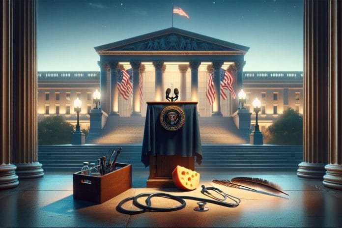 The New HHS Podium An empty government podium at dusk holding a half-eaten wheel of cheese, a stethoscope, and a feather, with blurred American flags behind it.
