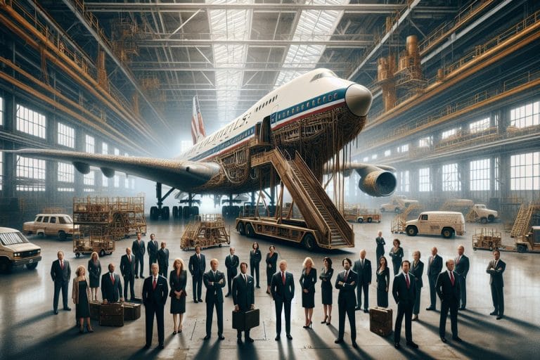 A half-built presidential 747 sits in a Boeing assembly hangar with exposed wiring and a small cluster of officials in suits standing at its nose.