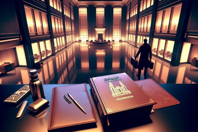 An open hardcover book and leather binder on the reception desk of an FBI-style government lobby, long shadows across marble.