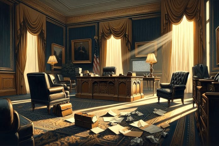 An empty Oval Office with two armchairs askew in front of the Resolute Desk and papers scattered on the rug, late afternoon light through gold curtains.