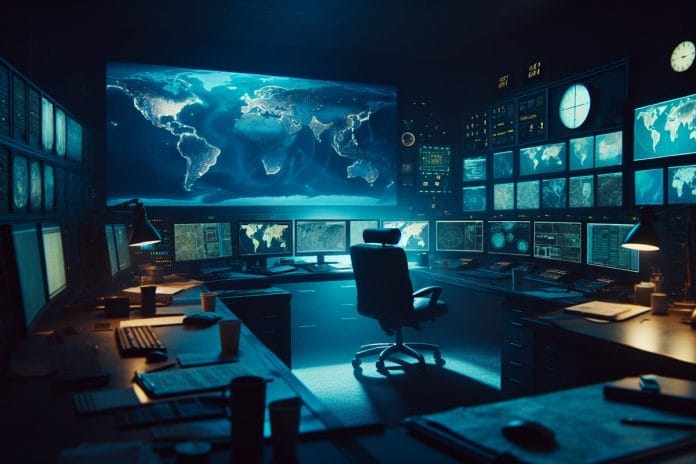 A dim military intelligence operations room with partially powered-down map displays and an unoccupied analyst workstation.