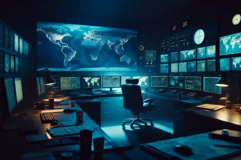 A dim military intelligence operations room with partially powered-down map displays and an unoccupied analyst workstation.