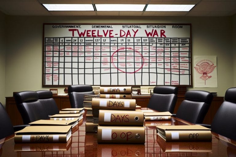 A conference room whiteboard with 'Twelve-Day War' written across it in marker, beside two binders labeled DAYS 1-12 and OOPS.