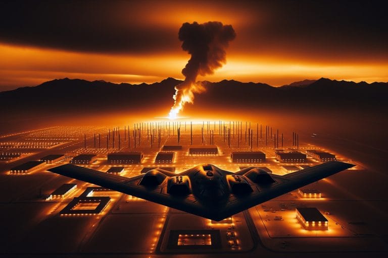 A B-2 stealth bomber silhouetted at night above a desert facility with rising smoke columns, lit orange from below.