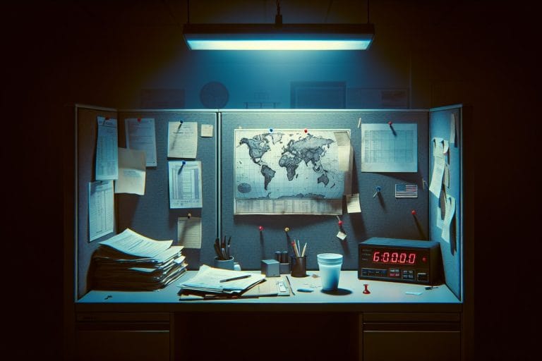 A federal office desk with a crooked world map, deportation forms, and a digital countdown clock reading six hours.