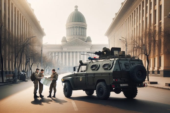 National Guard soldiers in front of a parked Humvee giving directions to a tourist on an empty Washington D.C. street near the Capitol.