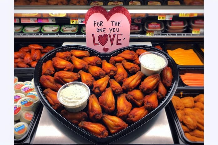 A heart-shaped tray of boneless buffalo wings with ranch dip displayed in a supermarket deli case beneath a handwritten Valentine's sign.