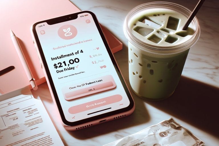 A smartphone showing a pink Klarna-style payment notification for a $21,000 installment, sitting on a counter beside an iced matcha and a student loan letter.