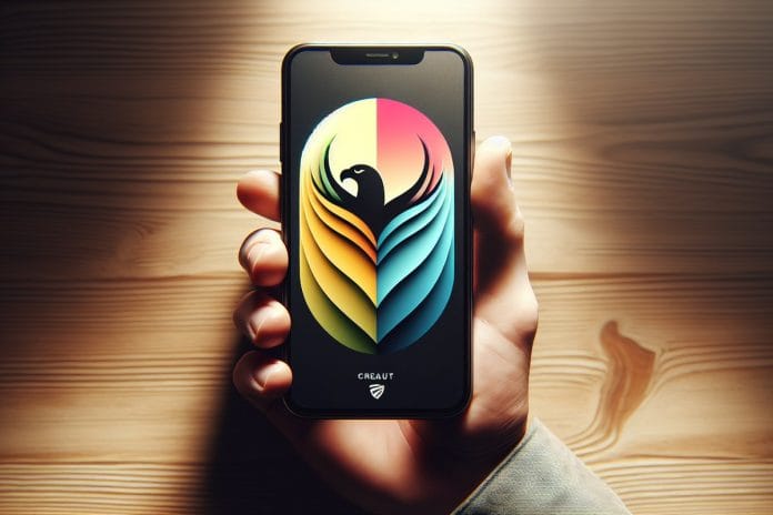 Geofenced Pride Logo on Smartphone A smartphone screen displaying a brand logo split between a full rainbow version and a muted beige version with an eagle icon.