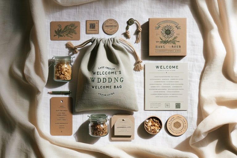 A sage-green linen wedding welcome bag with its contents arranged on white linen: granola jar, hangover patch, itinerary card, and a wooden disc engraved with a QR code.