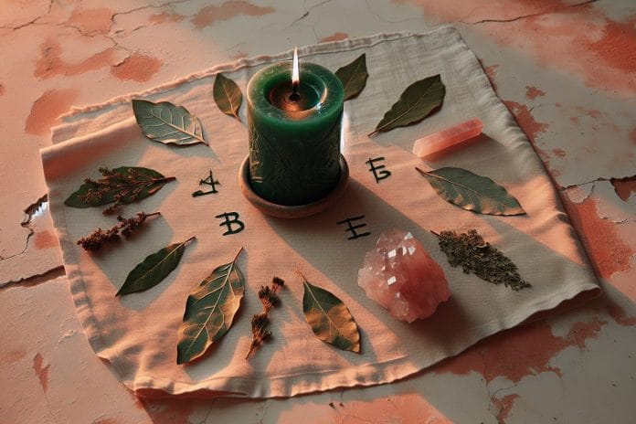 A solstice ritual altar at sunrise with a green candle, rose quartz, and many bay leaves each marked with the letter B