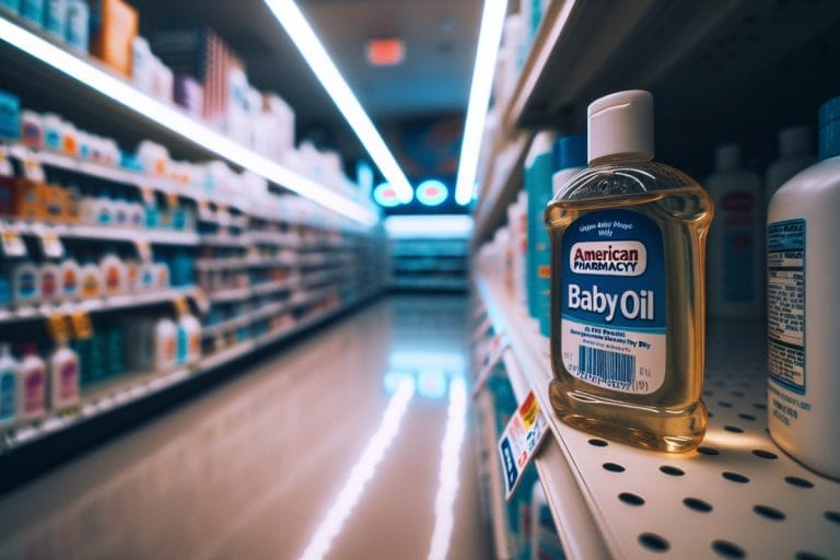 A solitary bottle of baby oil pushed to the back of an otherwise empty drugstore shelf under fluorescent light