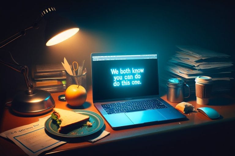 A laptop on a messy desk displays a single line of text reading 'We both know you can do this one.'