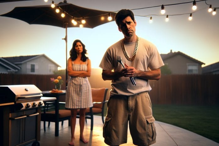 The Suburban Husband Attempts to Kelce A husband in cargo shorts and a new gold chain holds barbecue tongs in a suburban backyard while his wife watches skeptically from a patio chair.