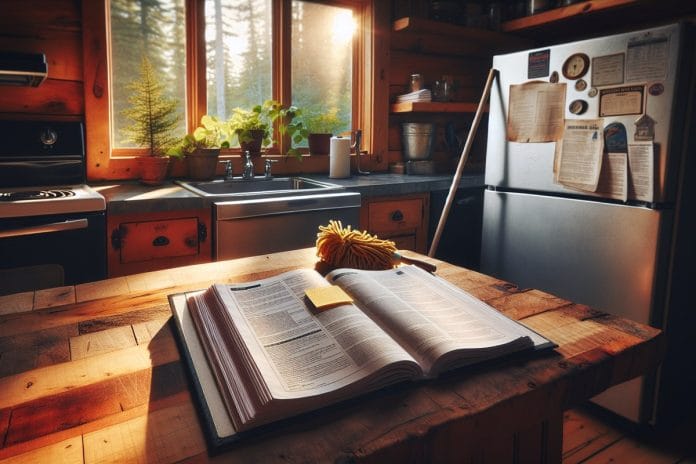 The Airbnb Checkout Manual A laminated multi-page guest instruction binder open on a cabin kitchen counter, with a Post-it note, a mop leaning against the fridge, and a small houseplant nearby.