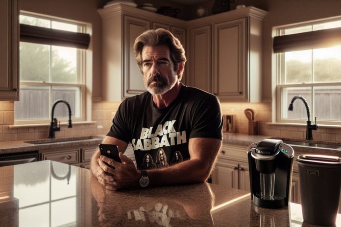 A middle-aged man in a brand-new Black Sabbath t-shirt standing in a beige suburban kitchen holding up his phone, price tag still visible on the shirt collar.