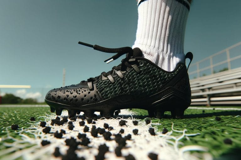Close-up of a child's black football cleat and white sock covered in small black crumb-rubber pellets on a sunlit green artificial turf field.