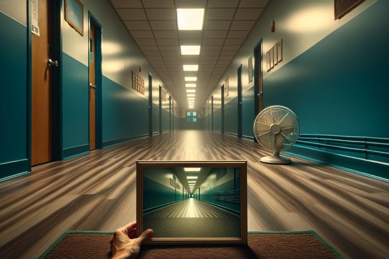 A freshly installed glossy vinyl plank floor in an empty kindergarten classroom hallway under cold fluorescent light, with a small oscillating fan by a cracked window.