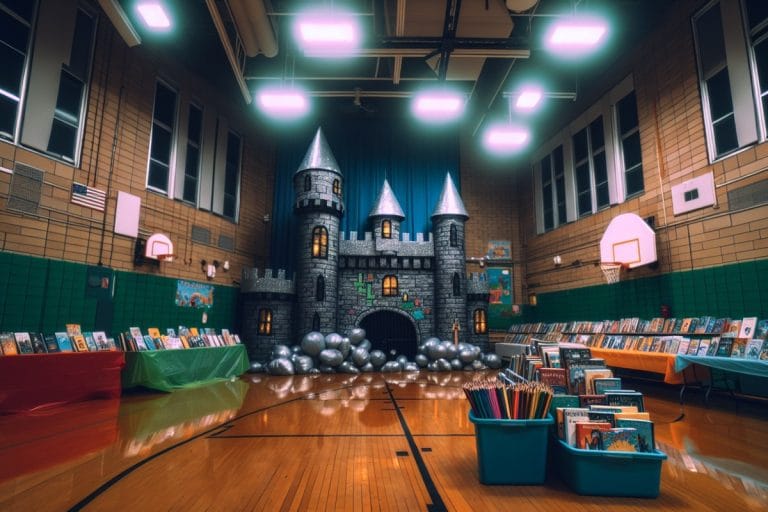 A cardboard castle and rows of new hardcover books set up for a school book fair inside a brightly lit elementary school gymnasium.