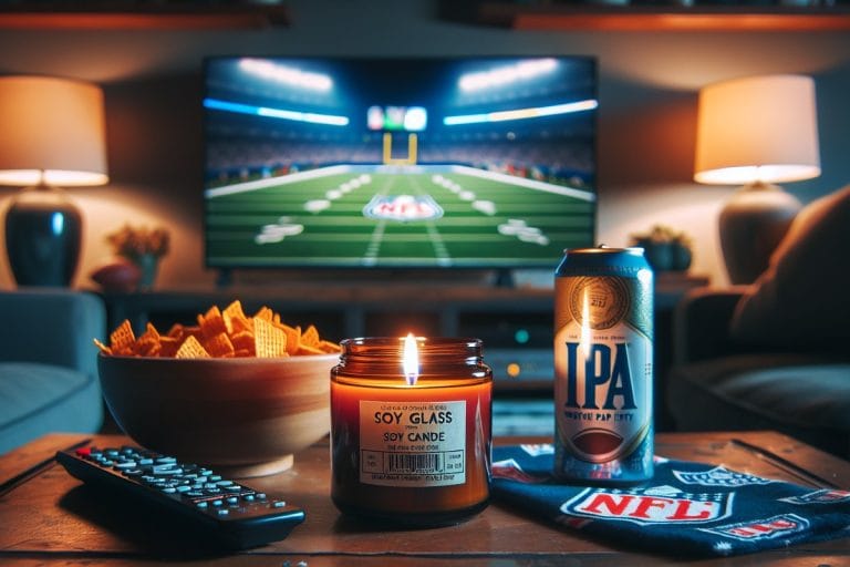 A lit scented candle in an amber jar on a cluttered coffee table beside a bowl of chex mix and a beer, with a blurred football game on the TV behind it.