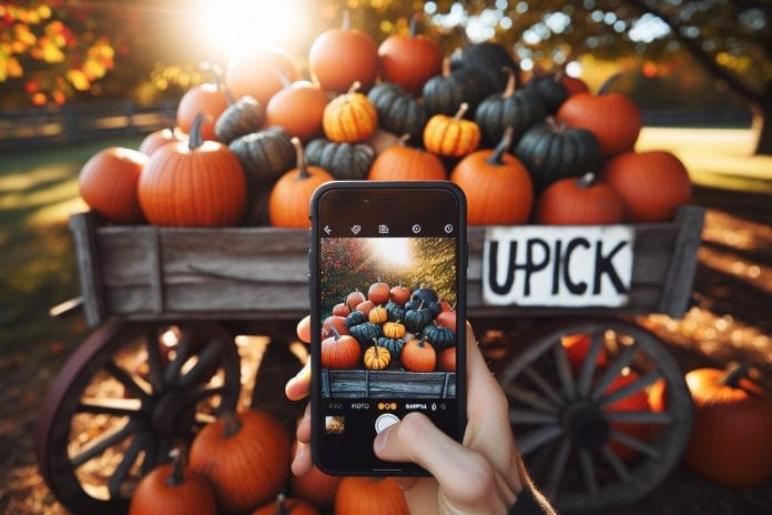 A wagon piled with pumpkins under harsh fall sun, the gourds catching an unnaturally glossy sheen.