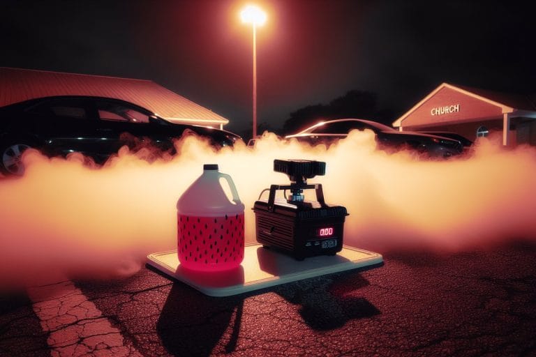 A fog machine and gallon jug of fog juice on a folding table in a church parking lot at night, low fog rolling across the asphalt under orange streetlight.