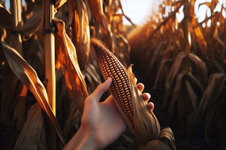 A small child's hand pressed against a brown, desiccated cornstalk in a fall corn maze at golden hour.