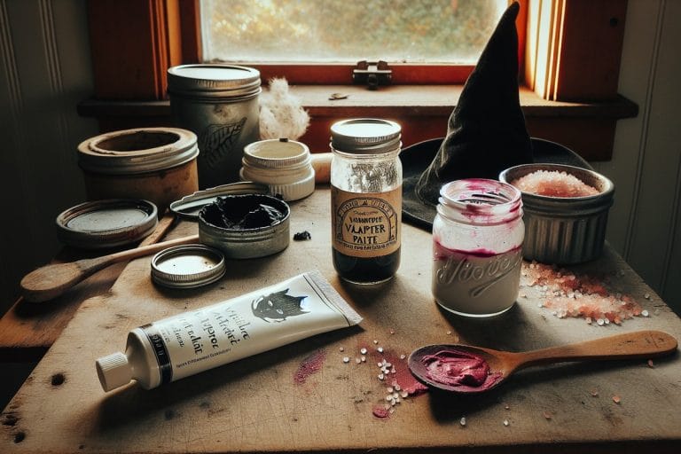 A drugstore tube of vampire face paint on a kitchen counter beside a homemade jar of tallow-and-beet-powder paste, a tin of activated charcoal, and a beet-stained wooden spoon.