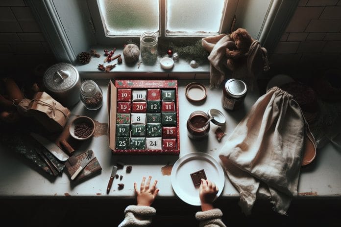 Advent Calendar Morning A cheap cardboard advent calendar on a kitchen counter with one foil door open and a small chocolate piece beside a stack of muslin bags and a jar of date paste.