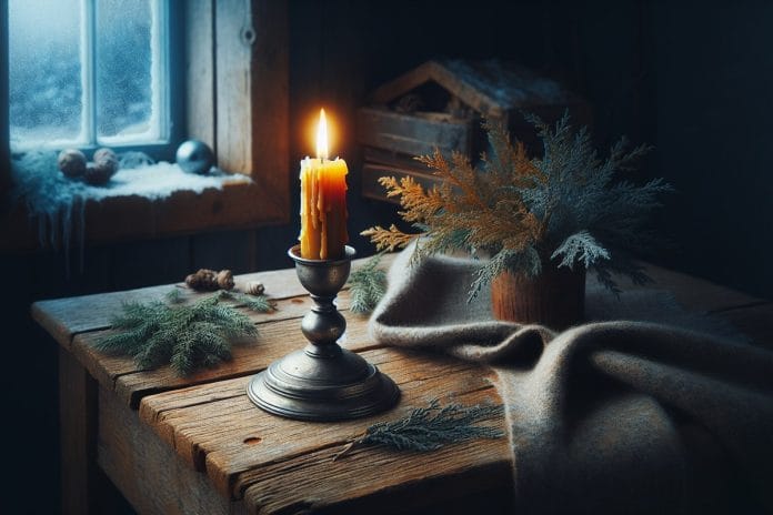 Solstice Taper at Sundown A single lit beeswax taper candle on a worn wood table beside cedar sprigs and a wool blanket, with cold blue twilight visible through a small window and the rest of the room in deep shadow.