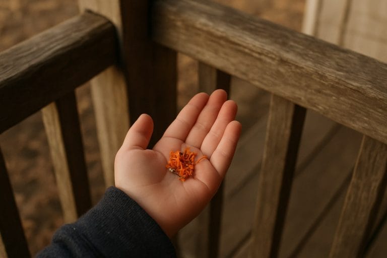 A child's open palm holding a small pile of dried orange marigold petals on a wooden farmhouse porch in late afternoon light.
