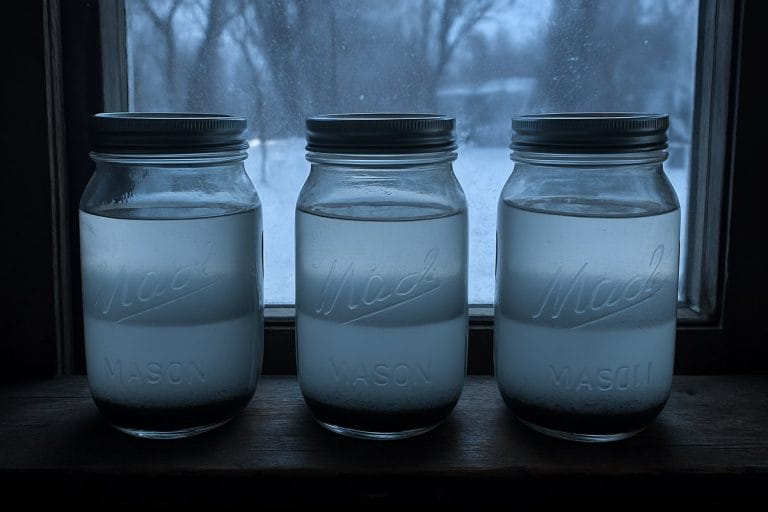 Three mason jars of melted storm snow on a wooden windowsill, each showing three distinct layers with dark sediment at the bottom