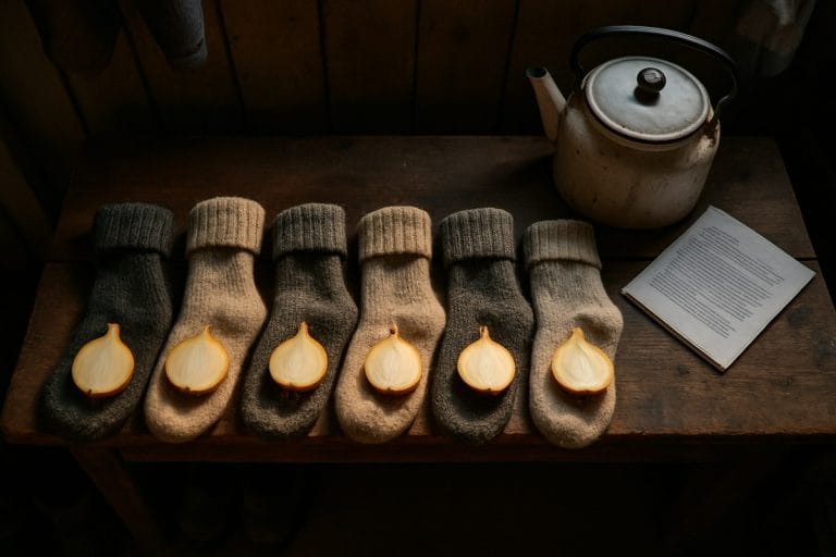 Wool socks stuffed with halved yellow onions lined up on a wooden bench beside a kettle and a folded paper.