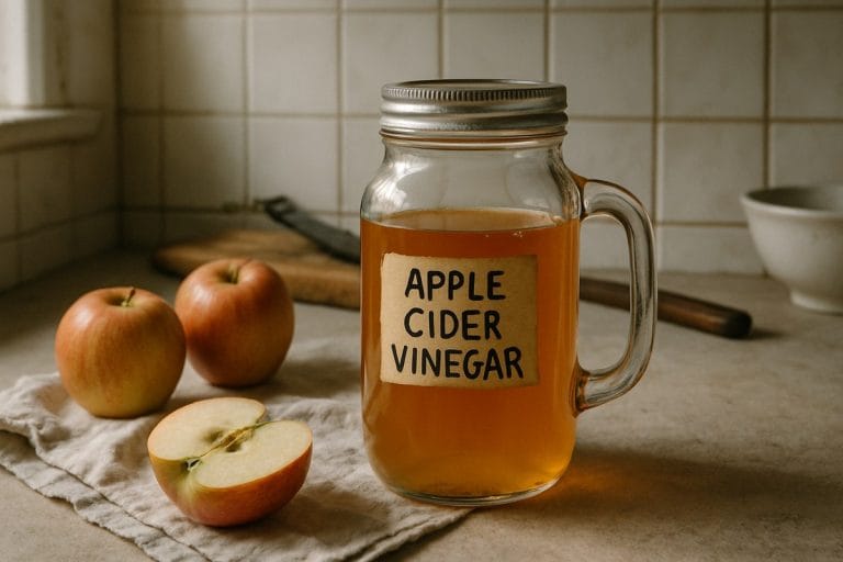 A mason jar of cloudy raw apple cider vinegar on a wooden farmhouse counter beside a small bowl of honey