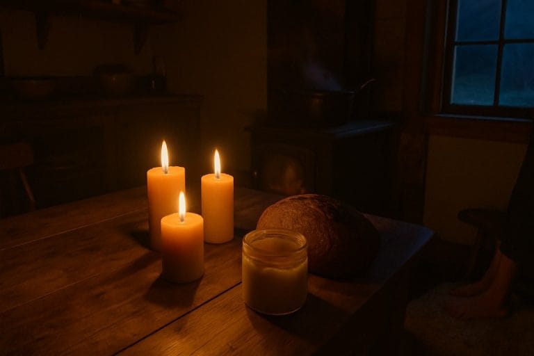 Candlelit farmhouse kitchen during a winter power outage, with a woodstove, sourdough loaf, and a child's bare feet on a sheepskin rug