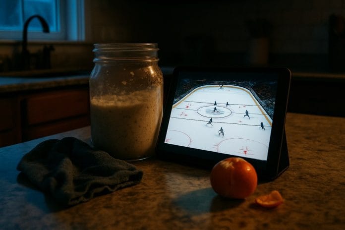 Gold medal game on the iPad, propped against the starter A tablet propped against a sourdough starter jar on a farmhouse counter, displaying an overhead view of a bright white hockey rink.