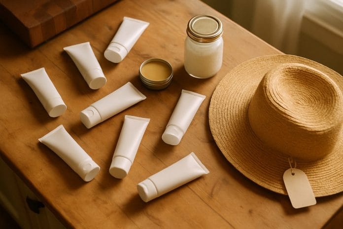 Eight unlabeled white sunscreen tubes scattered on a wooden kitchen island next to a mason jar of coconut oil, a tin of balm, and a wide-brim straw hat.