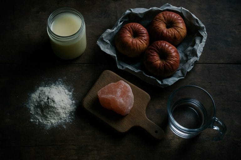 Overhead view of a wooden counter with a jar of rendered tallow, three heirloom apples in newsprint, pink rock salt, flour, and a glass measuring cup of water.