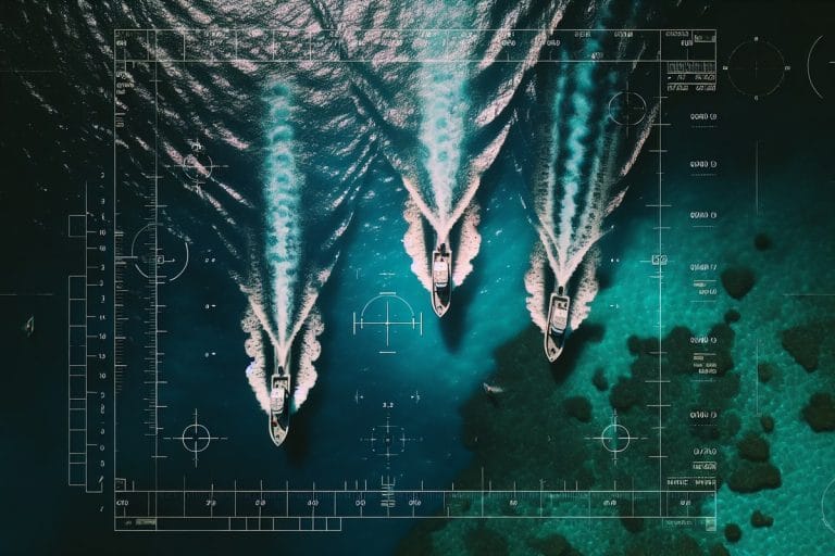 Aerial drone-style view of small speedboats on dark Caribbean water with faint targeting overlays